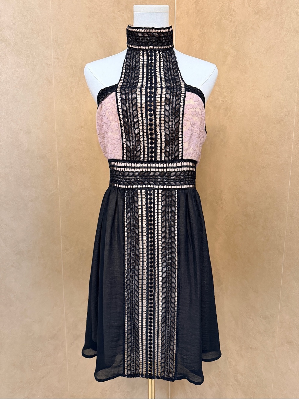 VENUS Blush Pink and Black Strapless Halter Lace Dress
